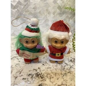 Vintage Russ 4" Troll Holiday Ornaments Santa Caroler Lot of 2 Christmas READ‎